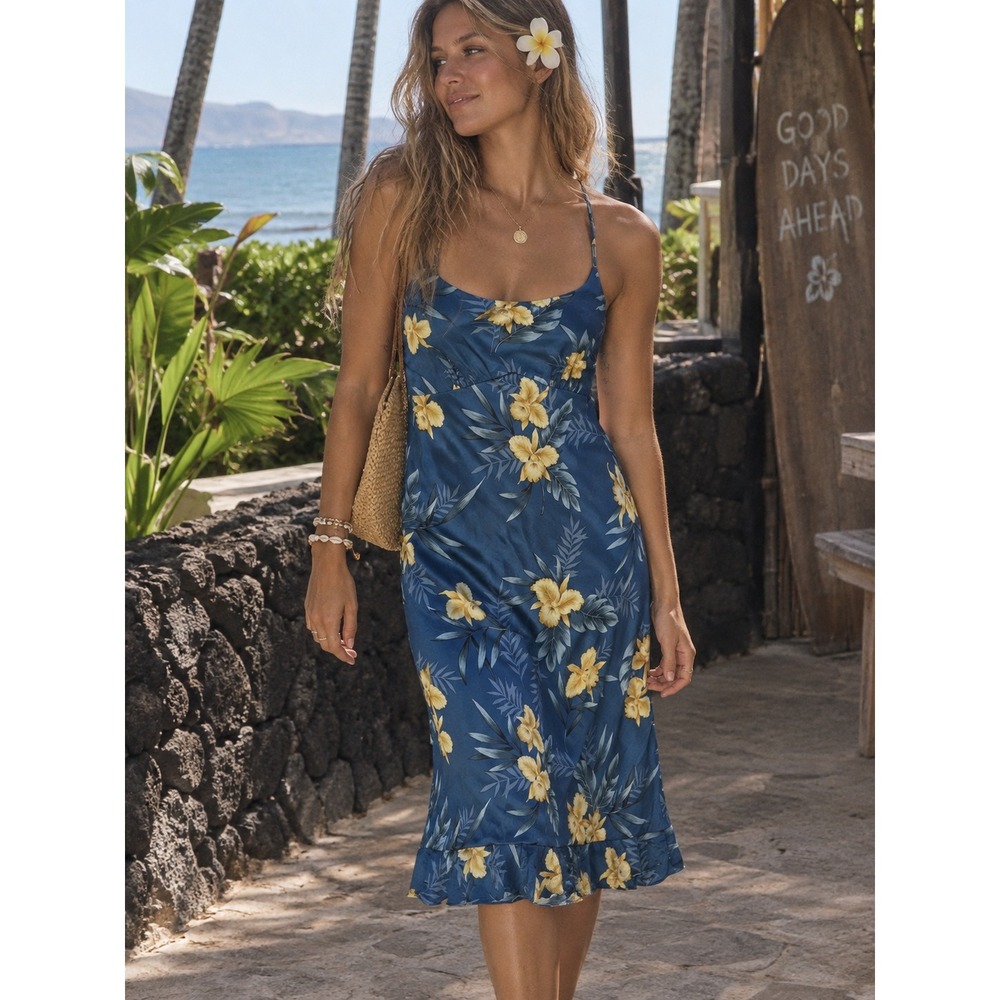 Vintage Y2K Hawaiian Print Midi Babydoll Slip Dress White Orchid Made in Hawaii